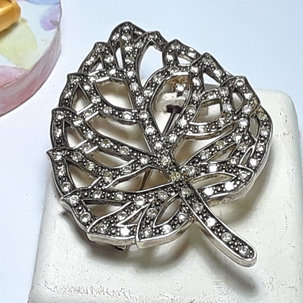 Estate/Vintage 2 3/8" Opan Leaf CZ Sterling Silver 925 15 gram KL Brooch #18817
